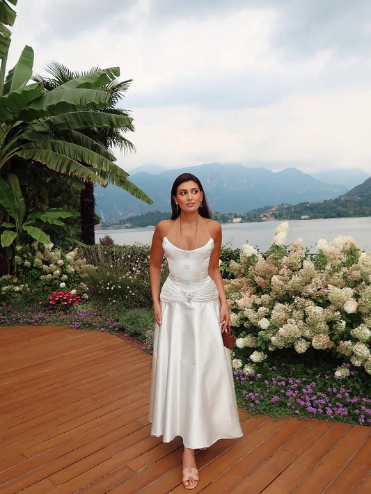 Elegant Halter Neck Satin Midi Prom Dress with Crystal Embellishments