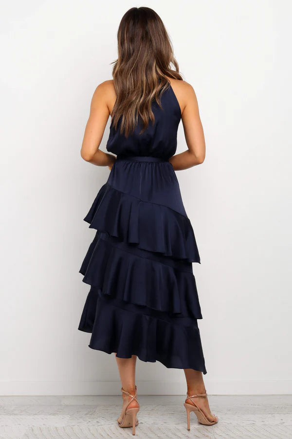 Elegant Halter Neck Sleeveless Belted Tiered Ruffle Satin Maxi Prom Dress For Formal Evening Wedding Guest Bridesmaid Cocktail Party