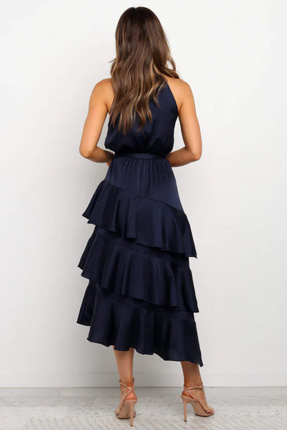 Elegant Halter Neck Sleeveless Belted Tiered Ruffle Satin Maxi Prom Dress For Formal Evening Wedding Guest Bridesmaid Cocktail Party
