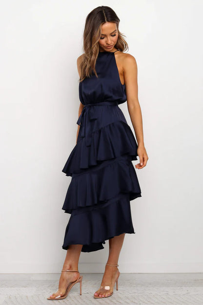 Elegant Halter Neck Sleeveless Belted Tiered Ruffle Satin Maxi Prom Dress For Formal Evening Wedding Guest Bridesmaid Cocktail Party