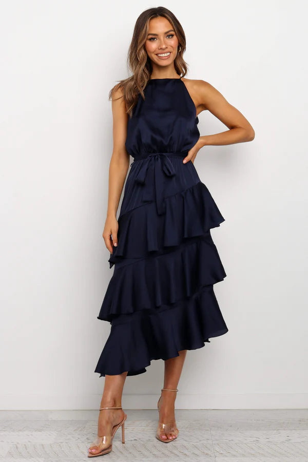 Elegant Halter Neck Sleeveless Belted Tiered Ruffle Satin Maxi Prom Dress For Formal Evening Wedding Guest Bridesmaid Cocktail Party