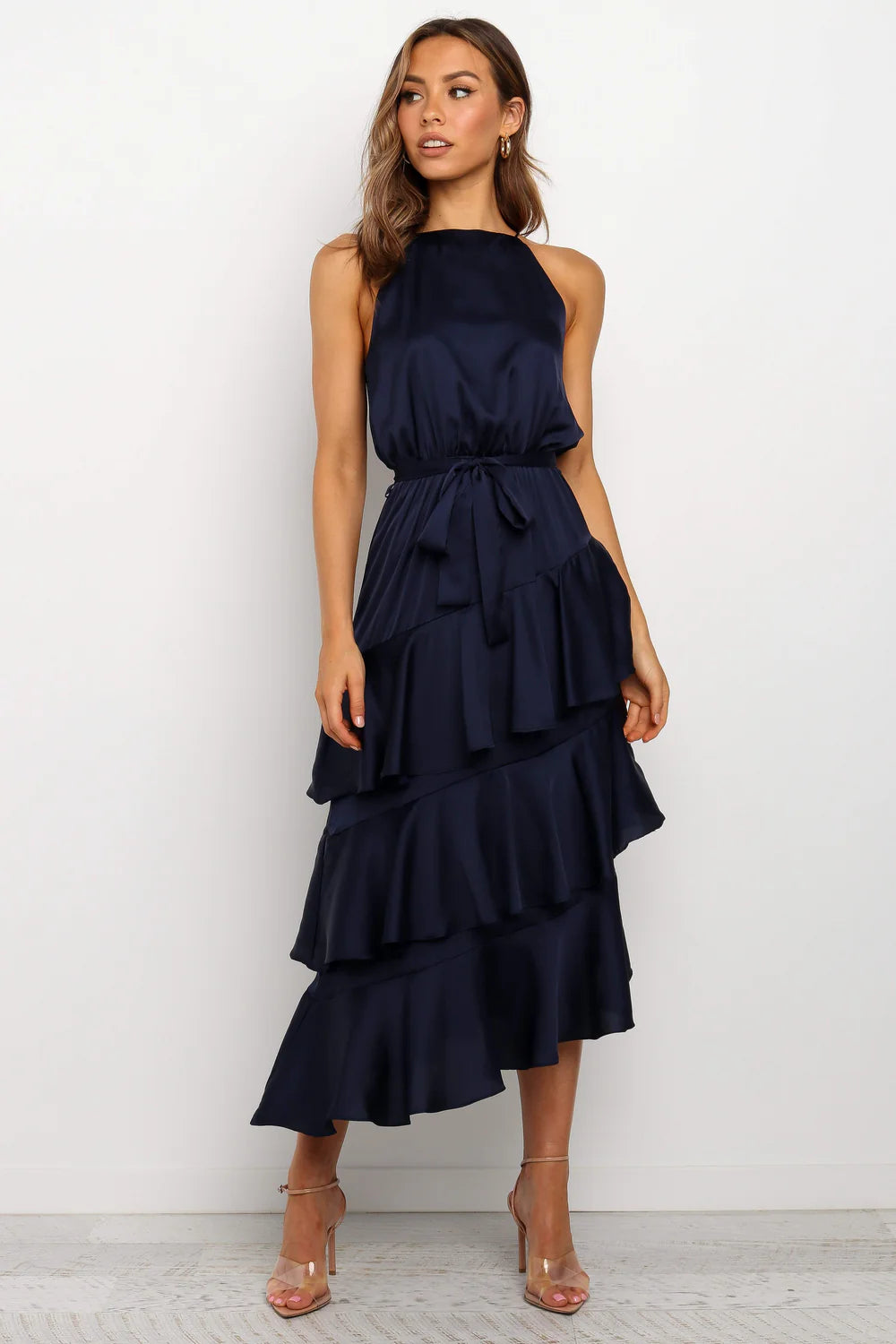 Elegant Halter Neck Sleeveless Belted Tiered Ruffle Satin Maxi Prom Dress For Formal Evening Wedding Guest Bridesmaid Cocktail Party