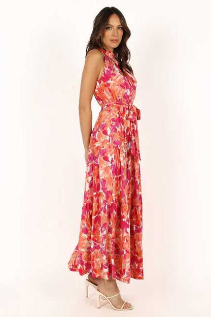 Elegant Halter Neck Sleeveless Floral Print Belted Tiered Maxi Prom Dress For Formal Evening Wedding Guest Bridesmaid Cocktail Party