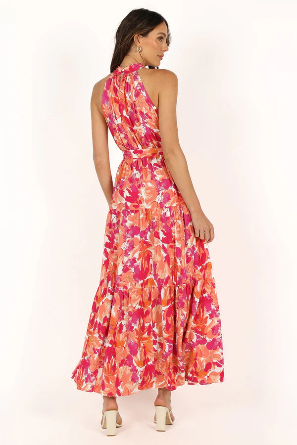Elegant Halter Neck Sleeveless Floral Print Belted Tiered Maxi Prom Dress For Formal Evening Wedding Guest Bridesmaid Cocktail Party
