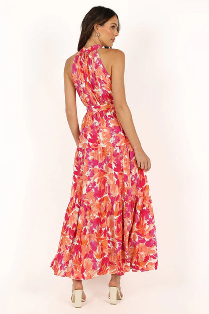 Elegant Halter Neck Sleeveless Floral Print Belted Tiered Maxi Prom Dress For Formal Evening Wedding Guest Bridesmaid Cocktail Party