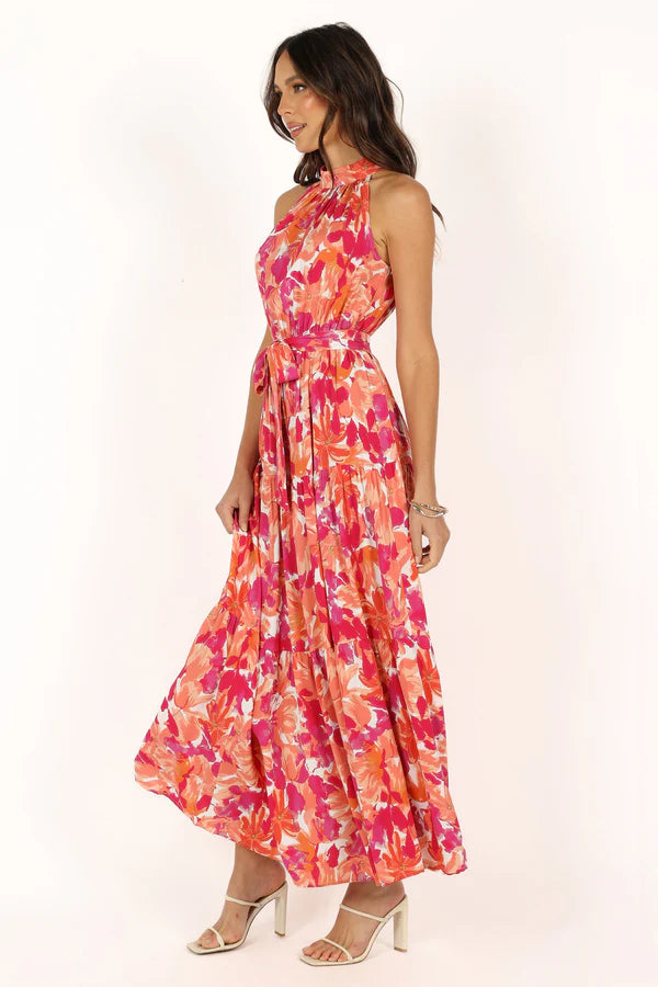 Elegant Halter Neck Sleeveless Floral Print Belted Tiered Maxi Prom Dress For Formal Evening Wedding Guest Bridesmaid Cocktail Party