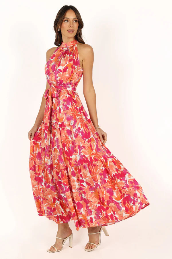 Elegant Halter Neck Sleeveless Floral Print Belted Tiered Maxi Prom Dress For Formal Evening Wedding Guest Bridesmaid Cocktail Party