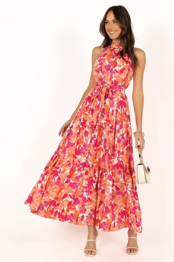 Elegant Halter Neck Sleeveless Floral Print Belted Tiered Maxi Prom Dress For Formal Evening Wedding Guest Bridesmaid Cocktail Party