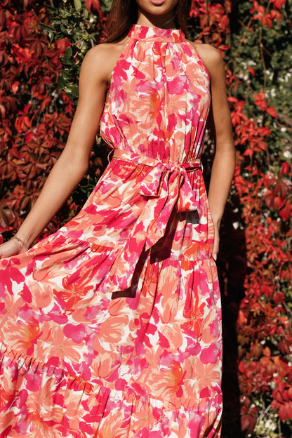 Elegant Halter Neck Sleeveless Floral Print Belted Tiered Maxi Prom Dress For Formal Evening Wedding Guest Bridesmaid Cocktail Party