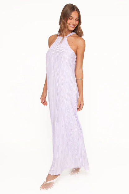 Elegant Halter Neck Sleeveless Plisse Pleated Maxi Prom Dress For Formal Evening Wedding Guest Bridesmaid Cocktail Party