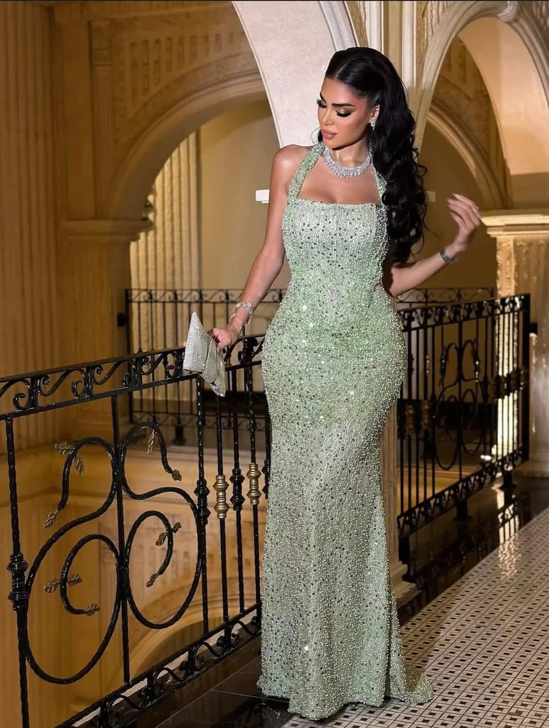 Elegant Halter Neck Square Bust Fully Beaded Embellished Mermaid Maxi Prom Dress With Train For Formal Evening Red Carpet