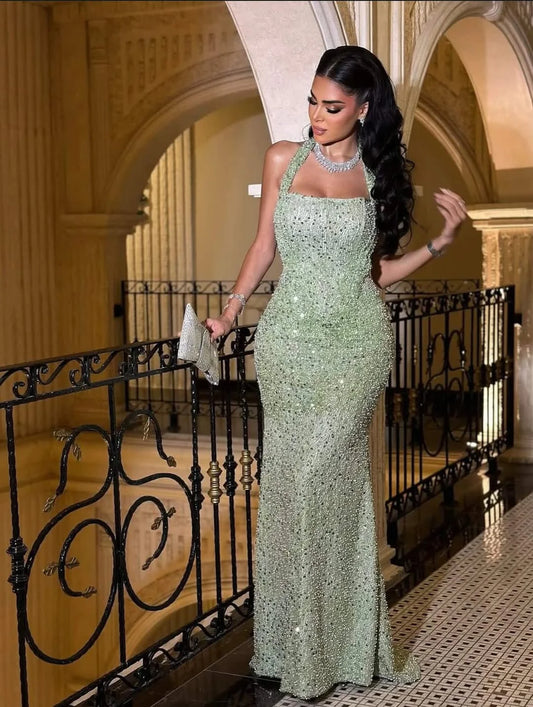 Elegant Halter Neck Square Bust Fully Beaded Embellished Mermaid Maxi Prom Dress With Train For Formal Evening Red Carpet