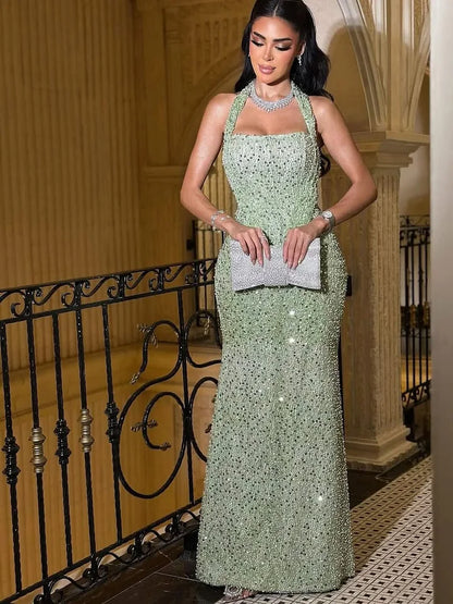 Elegant Halter Neck Square Bust Fully Beaded Embellished Mermaid Maxi Prom Dress With Train For Formal Evening Red Carpet