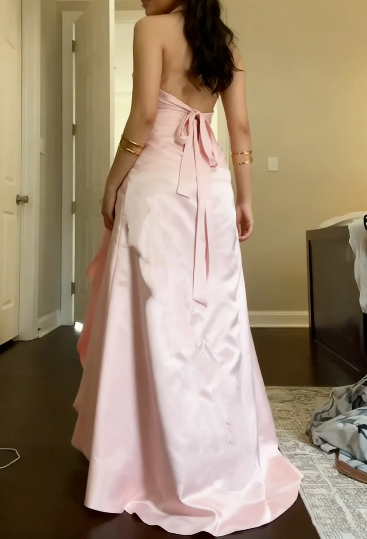 Elegant Halter Neck Sweetheart Embroidered Satin Bow Back Maxi Prom Dress