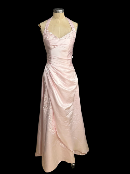 Elegant Halter Neck Sweetheart Embroidered Satin Bow Back Maxi Prom Dress