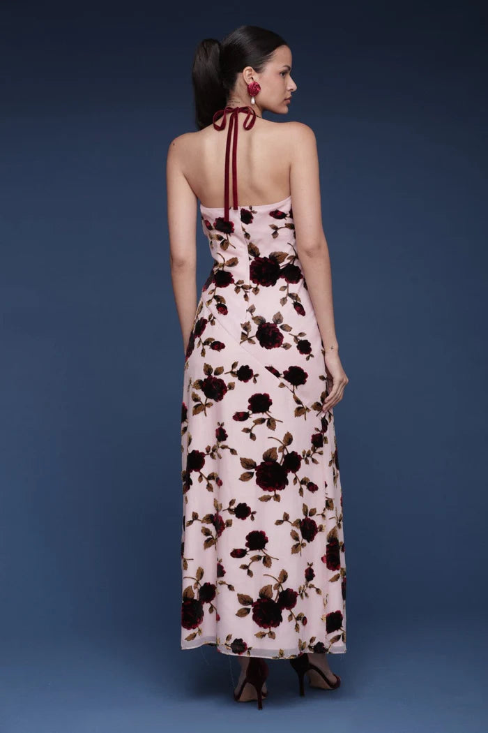 Elegant Halter Neck Tie Back Draped Bust Floral Print Chiffon Maxi Prom Dress With High Slit For Formal Evening Wedding Guest