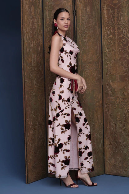 Elegant Halter Neck Tie Back Draped Bust Floral Print Chiffon Maxi Prom Dress With High Slit For Formal Evening Wedding Guest