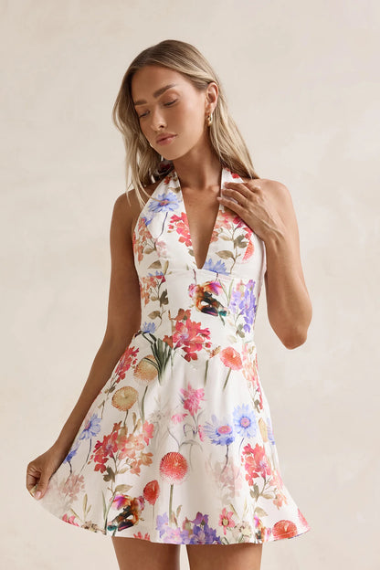 Elegant Halter Neck Tie Back Floral Print Lace Up Back Flowy A Line Mini Homecoming Dress For Wedding Guest Bridal Shower Formal Evening
