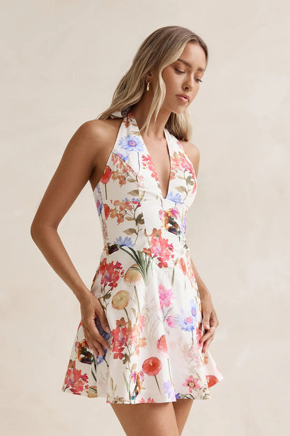 Elegant Halter Neck Tie Back Floral Print Lace Up Back Flowy A Line Mini Homecoming Dress For Wedding Guest Bridal Shower Formal Evening
