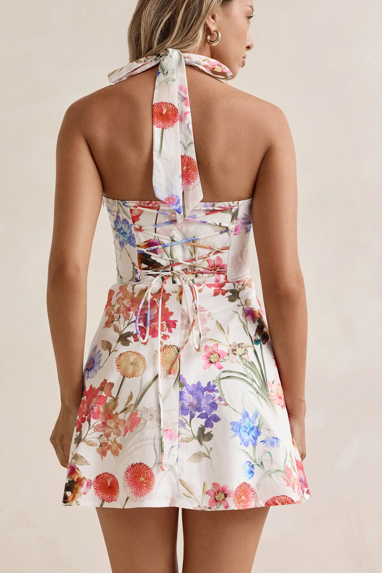 Elegant Halter Neck Tie Back Floral Print Lace Up Back Flowy A Line Mini Homecoming Dress For Wedding Guest Bridal Shower Formal Evening