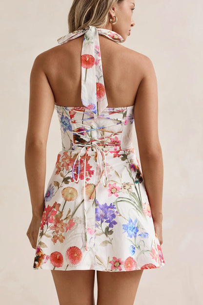 Elegant Halter Neck Tie Back Floral Print Lace Up Back Flowy A Line Mini Homecoming Dress For Wedding Guest Bridal Shower Formal Evening
