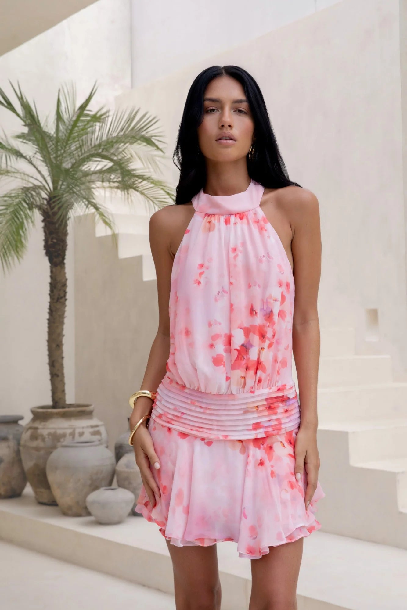 Elegant Halter Neck Tie Back Floral Print Ruched Waist Ruffle Hem Flowy A Line Mini Homecoming Dress For Wedding Guest Bridal Shower Formal Evening