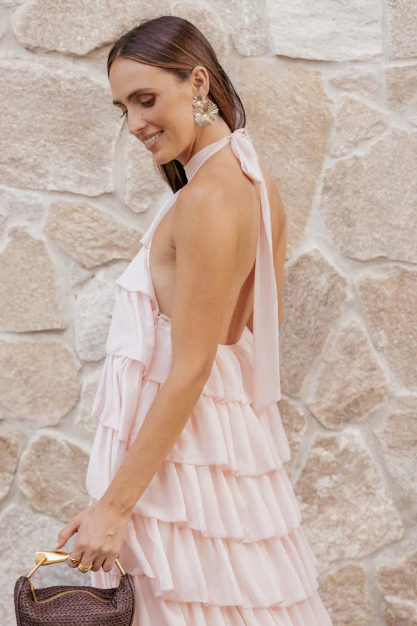 Elegant Halter Neck Tie Back Tiered Ruffle Maxi Prom Dress For Formal Evening Wedding Guest Bridesmaid Cocktail Party