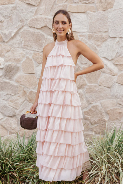 Elegant Halter Neck Tie Back Tiered Ruffle Maxi Prom Dress For Formal Evening Wedding Guest Bridesmaid Cocktail Party
