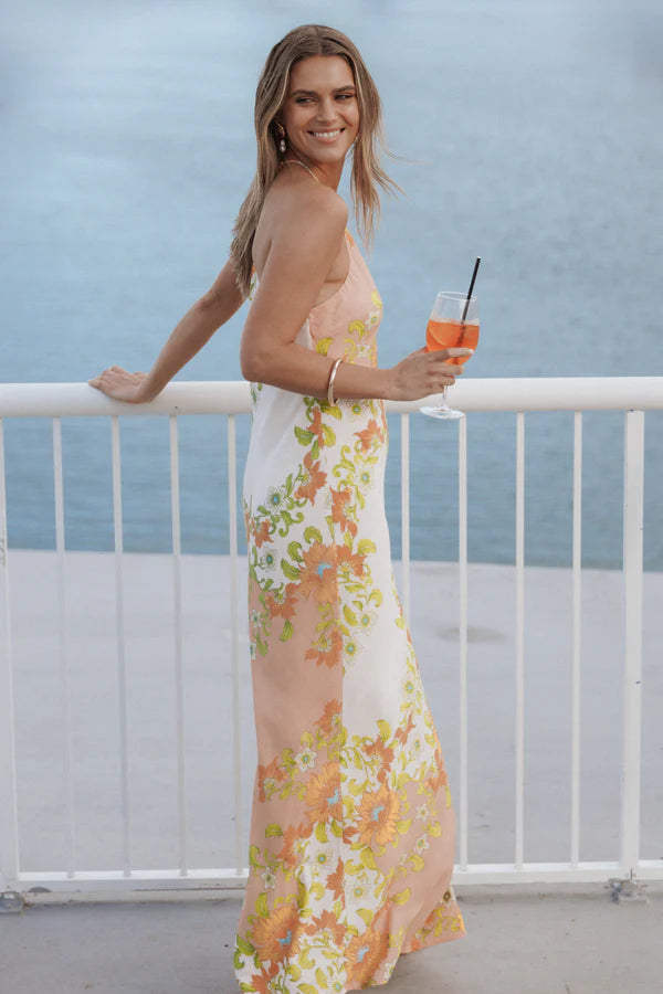 Elegant Halter Neck V Neck Floral Print Bodycon Maxi Prom Dress For Formal Evening Wedding Guest Bridesmaid Cocktail Party