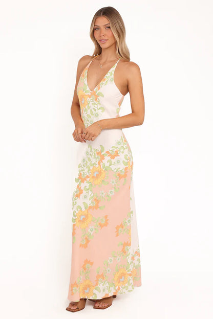 Elegant Halter Neck V Neck Floral Print Bodycon Maxi Prom Dress For Formal Evening Wedding Guest Bridesmaid Cocktail Party