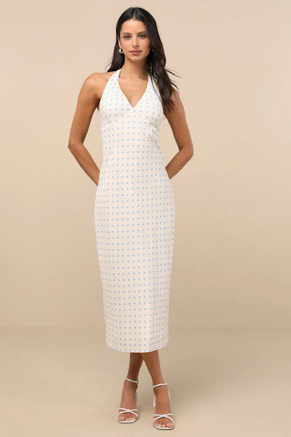 Elegant Halter Neck V Neck Polka Dot Bodycon Midi Prom Dress For Formal Evening Gala Wedding Guest Bridesmaid