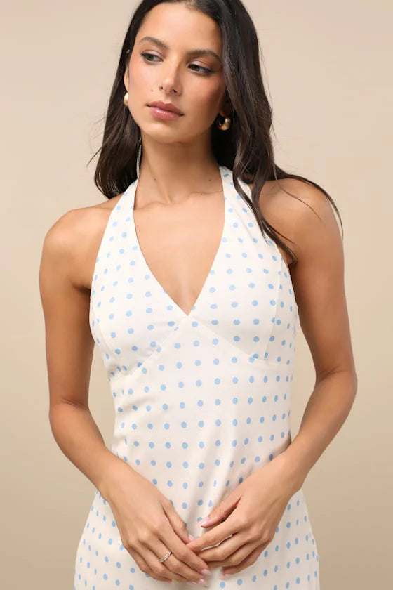 Elegant Halter Neck V Neck Polka Dot Bodycon Midi Prom Dress For Formal Evening Gala Wedding Guest Bridesmaid