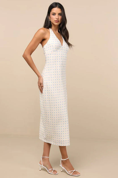 Elegant Halter Neck V Neck Polka Dot Bodycon Midi Prom Dress For Formal Evening Gala Wedding Guest Bridesmaid