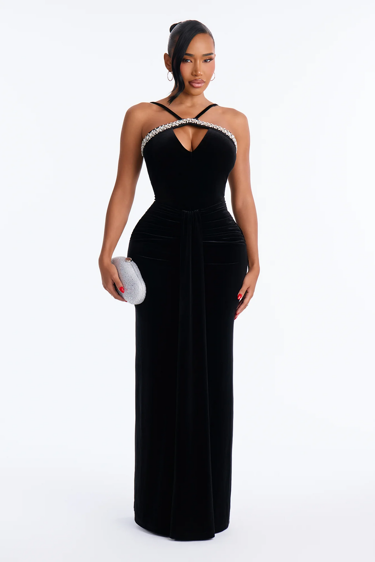 Elegant Halter Rhinestone Cutout Velvet Maxi Evening Dress