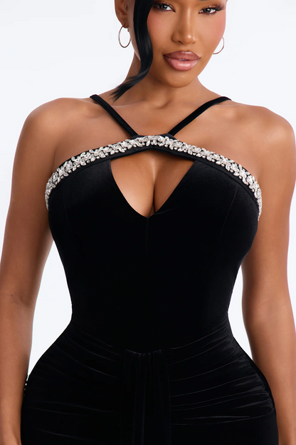 Elegant Halter Rhinestone Cutout Velvet Maxi Evening Dress