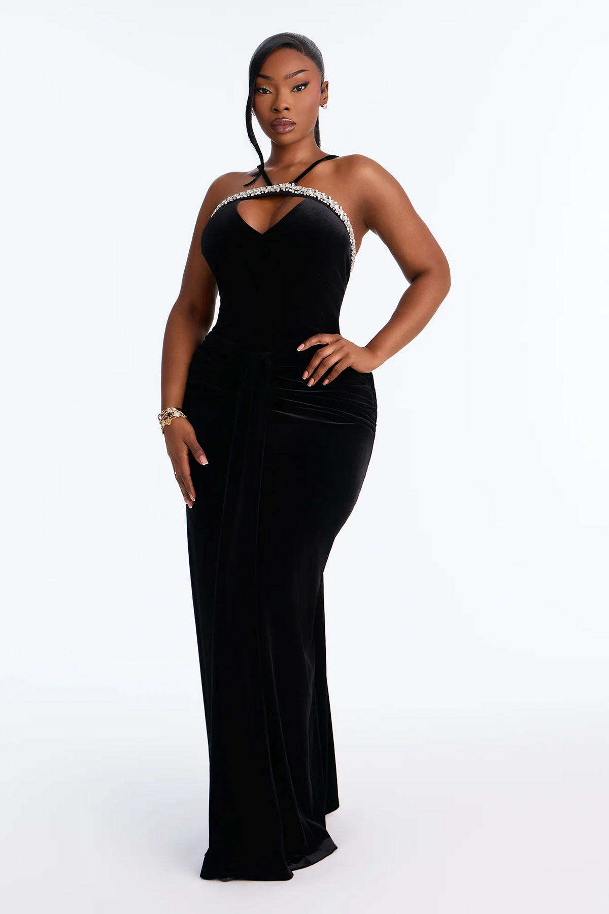Elegant Halter Rhinestone Cutout Velvet Maxi Evening Dress