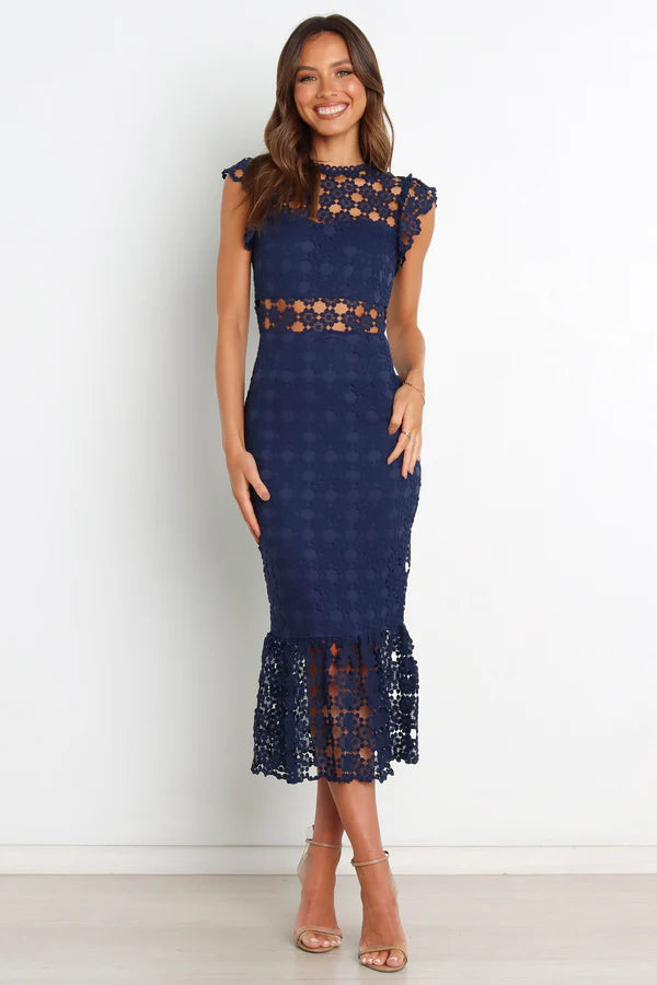Elegant High Neck Cap Sleeve Lace Cutout Waist Mermaid Midi Prom Dress For Formal Evening Wedding Guest Bridesmaid Cocktail Party