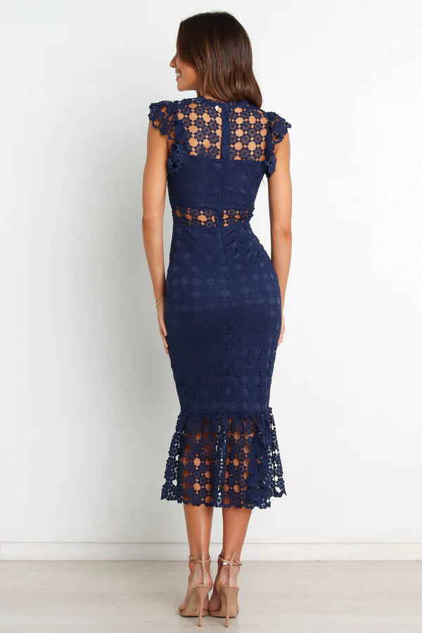 Elegant High Neck Cap Sleeve Lace Cutout Waist Mermaid Midi Prom Dress For Formal Evening Wedding Guest Bridesmaid Cocktail Party