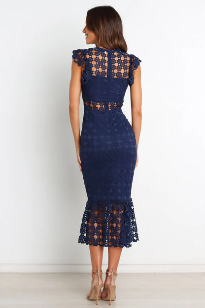 Elegant High Neck Cap Sleeve Lace Cutout Waist Mermaid Midi Prom Dress For Formal Evening Wedding Guest Bridesmaid Cocktail Party
