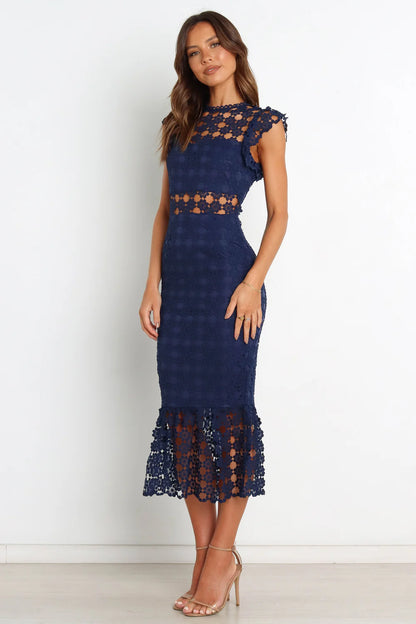 Elegant High Neck Cap Sleeve Lace Cutout Waist Mermaid Midi Prom Dress For Formal Evening Wedding Guest Bridesmaid Cocktail Party