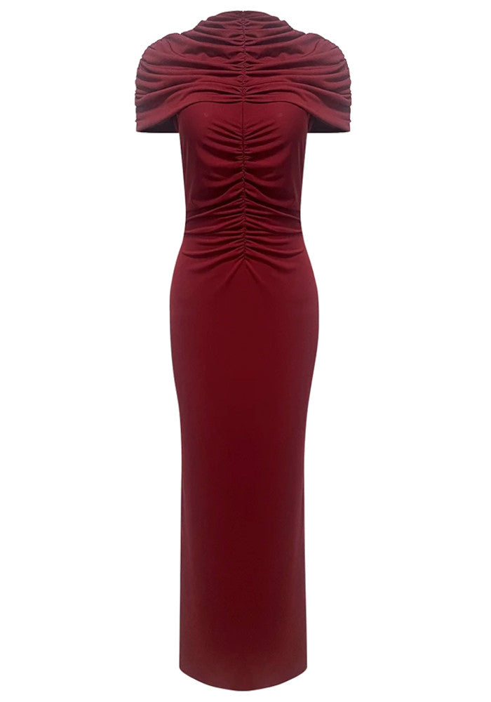 Elegant High Neck Ruched Draped Short Sleeve Bodycon Maxi Prom Dress
