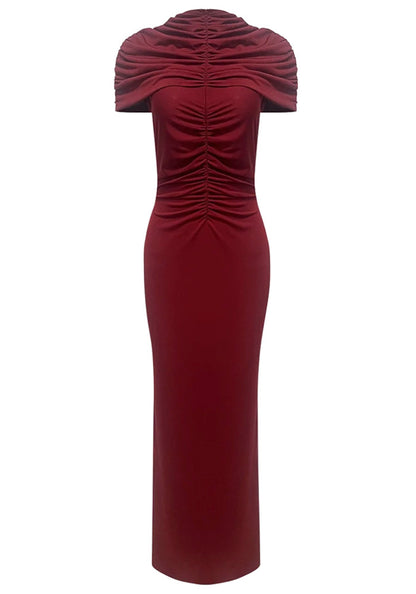 Elegant High Neck Ruched Draped Short Sleeve Bodycon Maxi Prom Dress