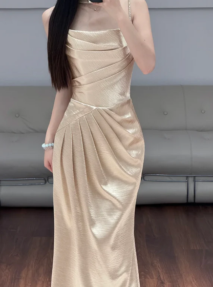 Elegant High Neck Ruched Satin Mermaid Maxi Prom Dress with Train