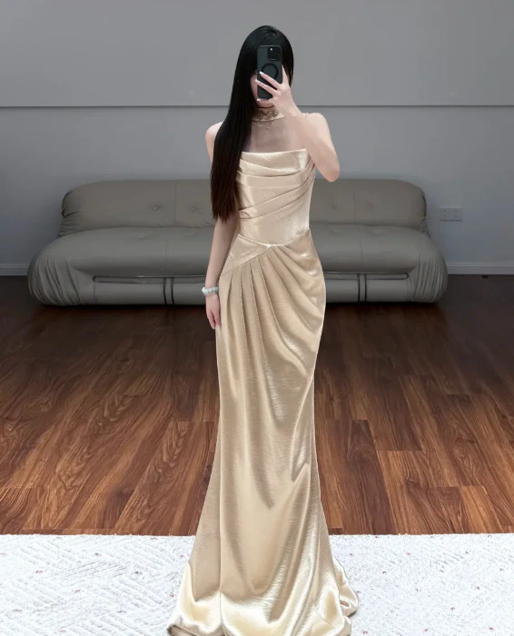 Elegant High Neck Ruched Satin Mermaid Maxi Prom Dress with Train