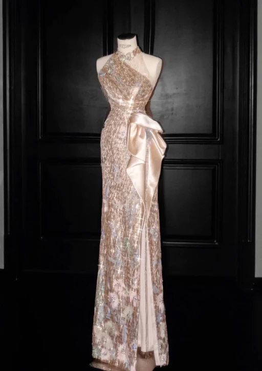 Elegant High Neck Sequin Floral Embellished Satin Bow High Slit Maxi Prom Dress