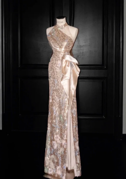 Elegant High Neck Sequin Floral Embellished Satin Bow High Slit Maxi Prom Dress