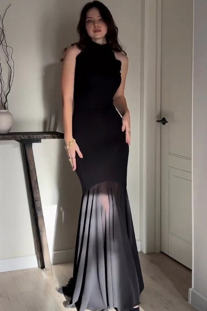 Elegant High Neck Sleeveless Sheer Chiffon Panel Mermaid Maxi Prom Dress For Wedding Guest Bridal Shower Formal Evening