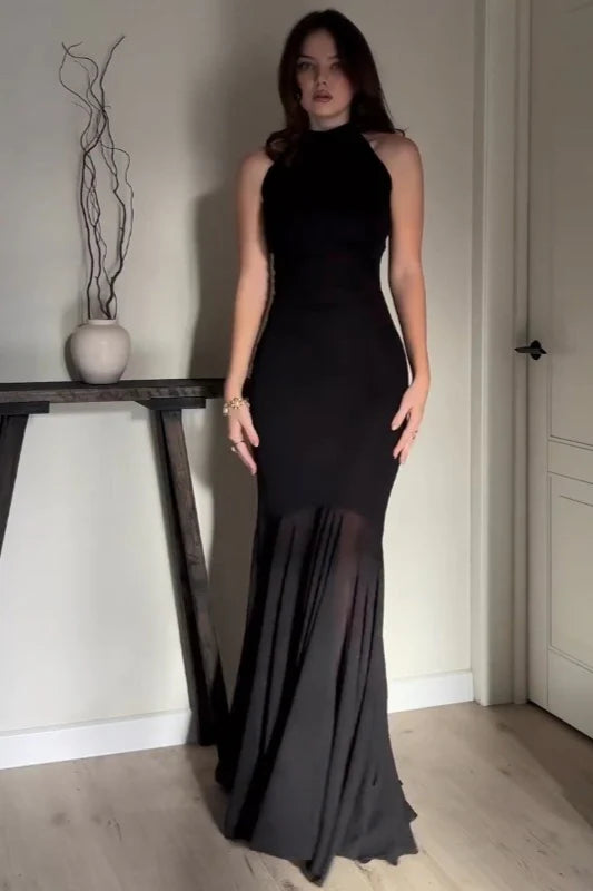 Elegant High Neck Sleeveless Sheer Chiffon Panel Mermaid Maxi Prom Dress For Wedding Guest Bridal Shower Formal Evening