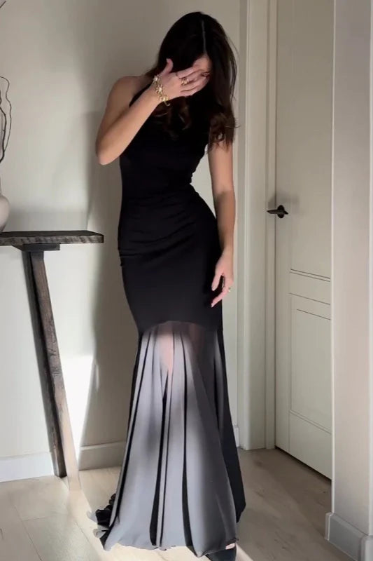 Elegant High Neck Sleeveless Sheer Chiffon Panel Mermaid Maxi Prom Dress For Wedding Guest Bridal Shower Formal Evening