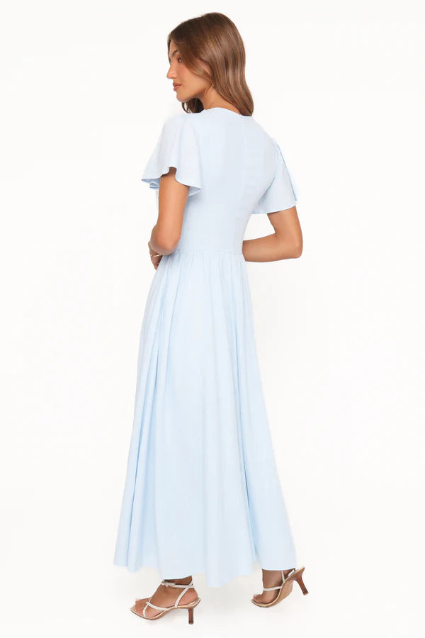 Elegant Keyhole Neck Flutter Sleeve Smocked Waist A-Line Midi Prom Dress For Formal Evening Wedding Guest Bridesmaid Cocktail Party